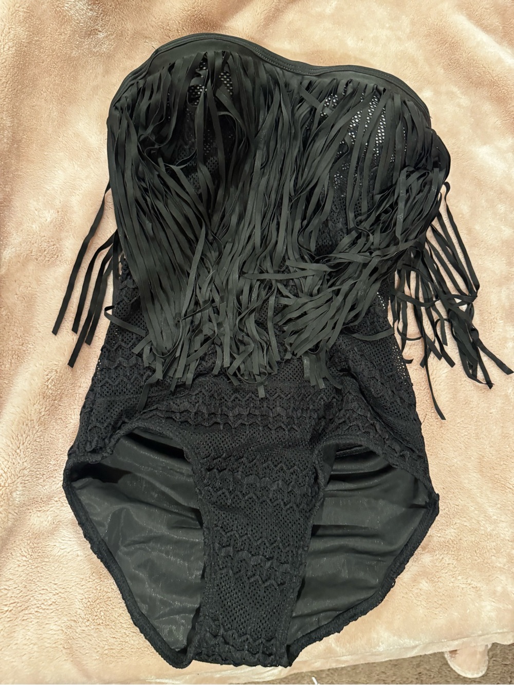 Black Fringe Crochet One-Piece Swimsuit